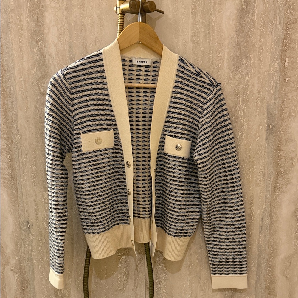 Sandro Navy and Cream Knit Cardigan
